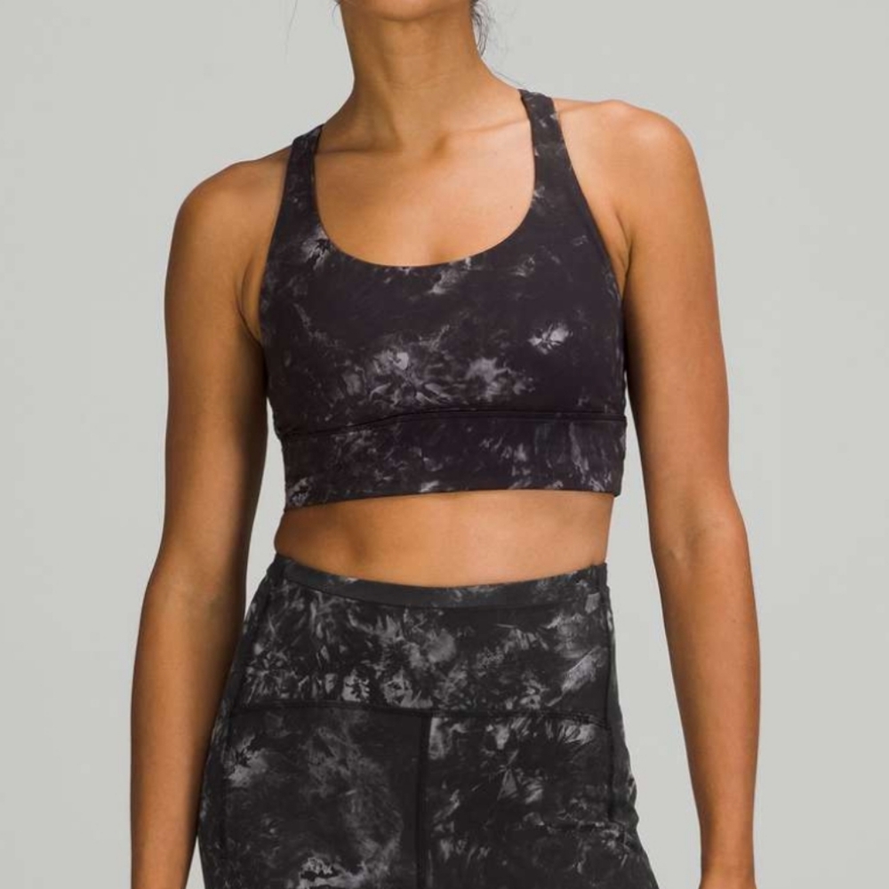 Lululemon black + graphite grey tie dye sports bra criss X strap yoga top Sz4